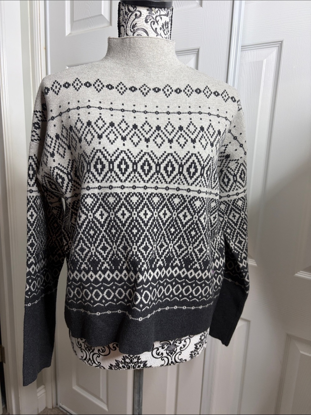 Joie Black and Gray Fair Isle Turtleneck Sweater